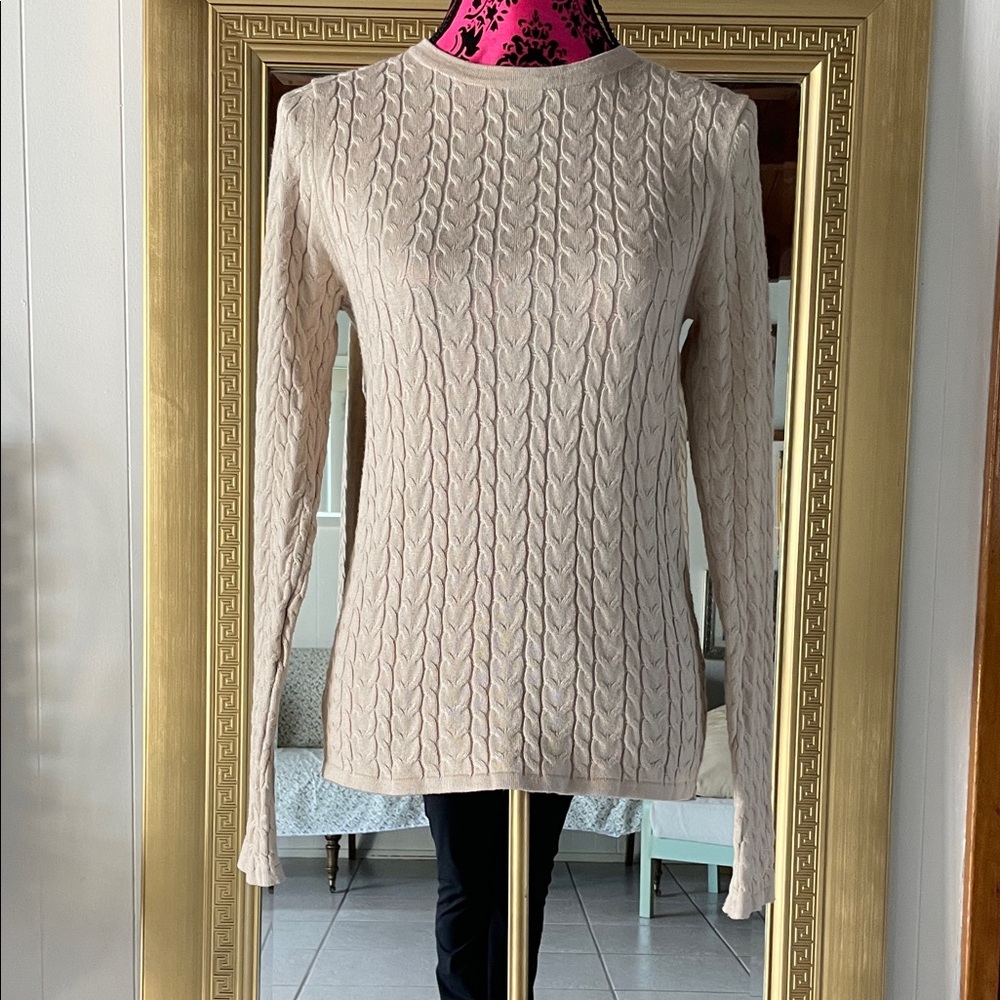 T Tahari Light Cream Cable Crewneck Sweater